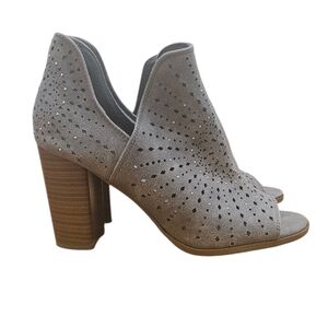 Fergalicious by Fergie RENO Gray Perforated Peep Toe Booties Block Heel Shoes 8M